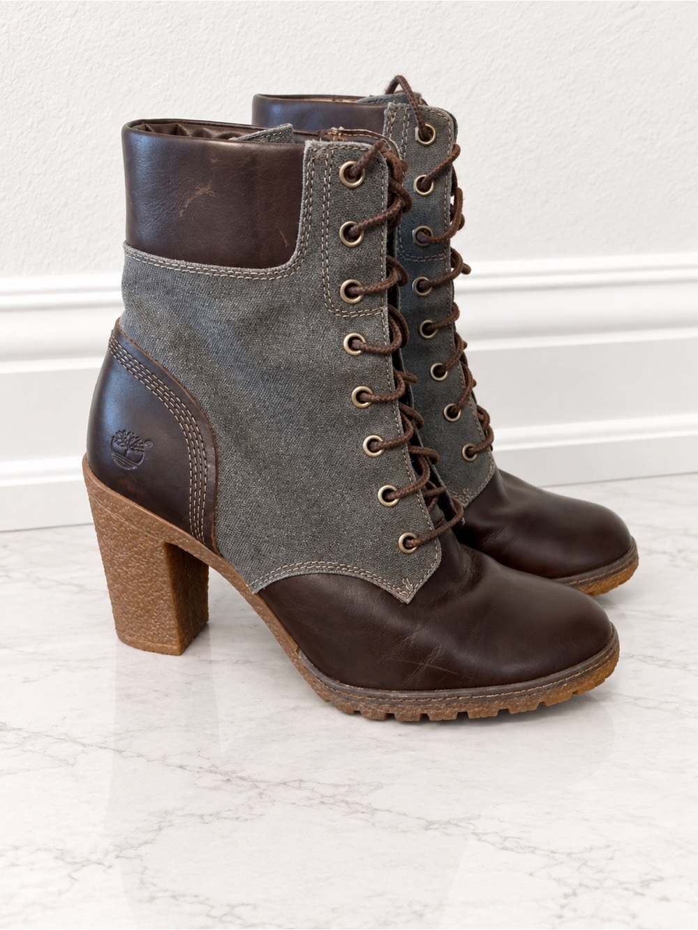 Timberland Glancy Leather Canvas Lace Up Heeled Boots Brown Gray 6